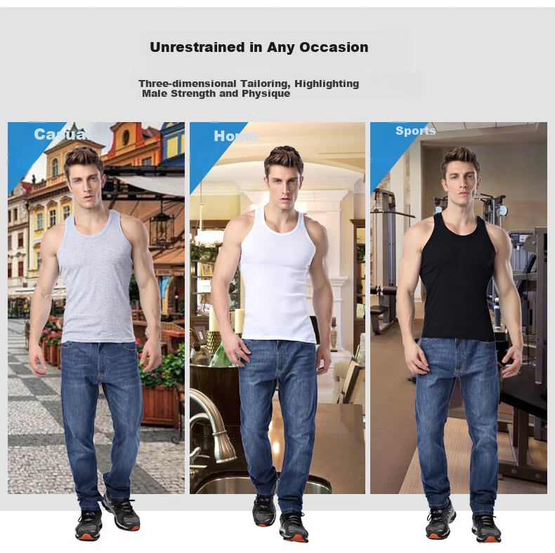 Langsha Men's Tank Top, Pure Cotton Undershirt, Thin Style, 100% Cotton, Athletic Fitness Sleeveless Vest, Ribbed Halter Neckband, 3 Pieces 6