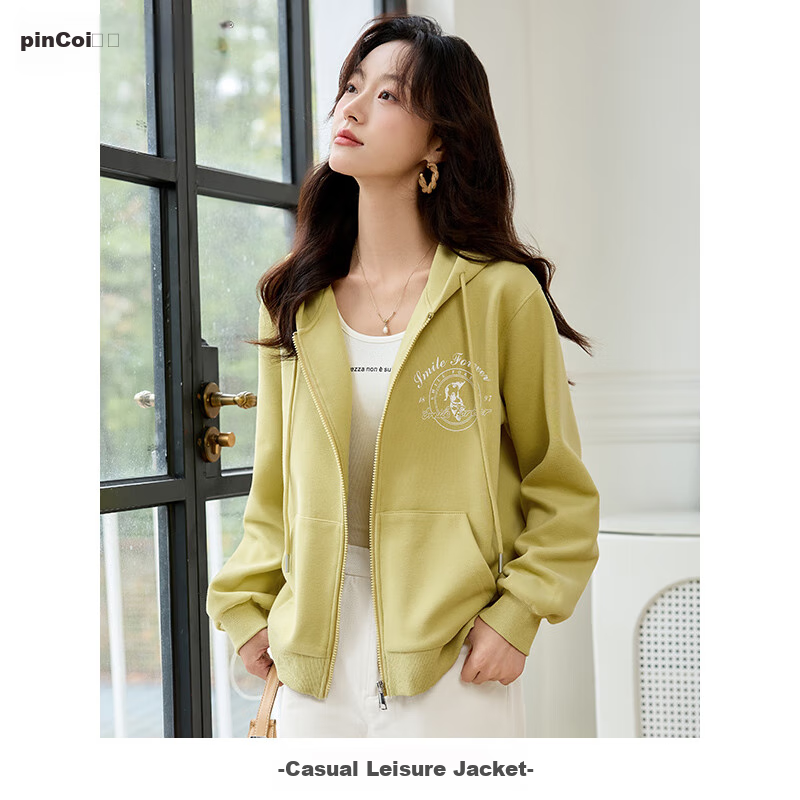 PinCai Women's Sweatshirt Jacket, Solid Color with Dog Print, Versatile Casual Hooded Cardigan Top P141F2734
