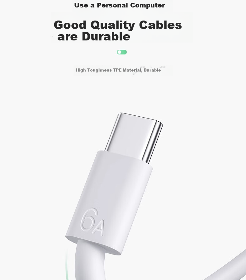 Nengshi Type-C Data Cable, 6A Charging Cable, 100W Fast Charging, Suitable for Huawei, Honor, OPPO, Xiaomi, 66W Android Phones, USB-C Fast Charging Cable, 0.25 Meters White [Two-Pack] 10