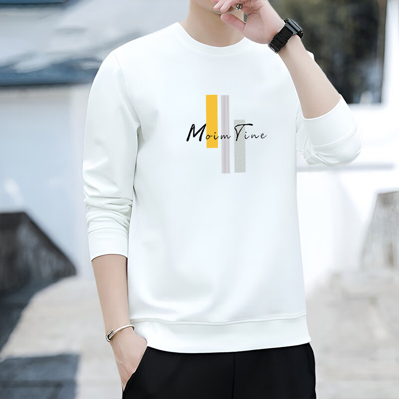 VANCAMEL Men's Crew Neck Sweatshirt Autumn Long Sleeve T-Shirt Casual Loose Fit White M