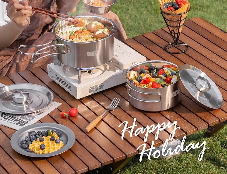 TAN XIAN ZHE 304 Stainless Steel Outdoor Cookware Set with Cassette Stove Camping Full Set Cooking Pot Kettle 9