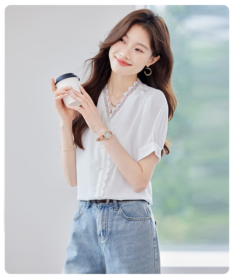 Jeanswest Women's Summer V-Neck Short Sleeve Elegant Commuter Lace Trim V-Neck Cardigan Top White S 2