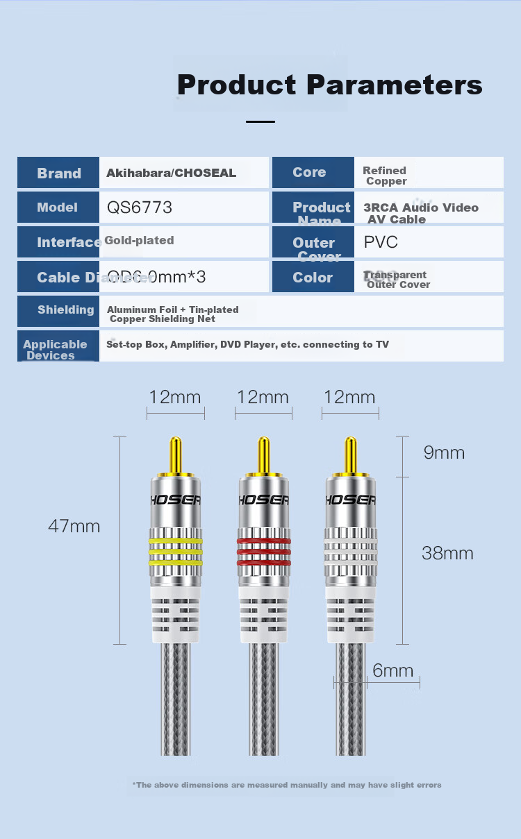 CHOOSEAL (CHOSEAL) 3RCA Three-To RCA Audio-Video Cable, Multi-Layer Shielded Alloy Shell, Red White Yellow DVD VCR Set-Top Box Old TV Signal Conversion Cable 3 Meters QS6773T3 2