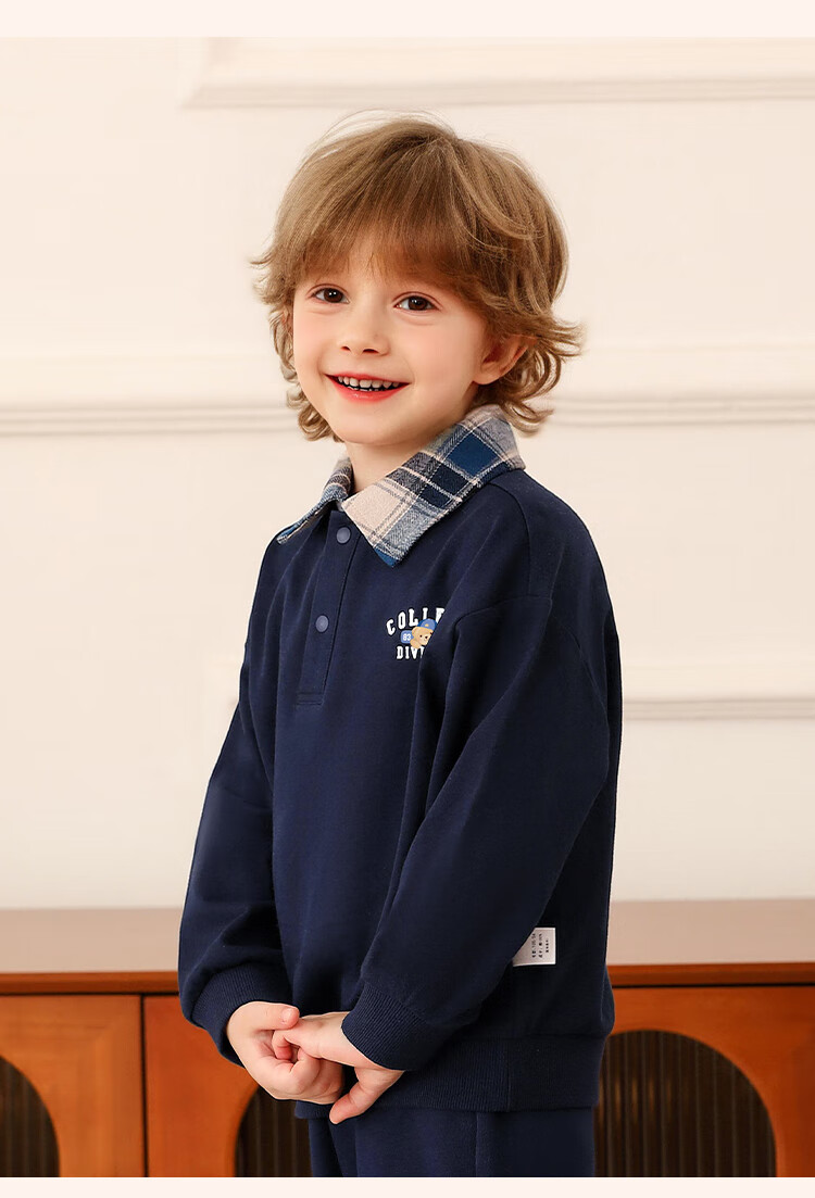Classic Teddy Boys' Set Children's Sweatshirt and Sweatpants 2-Piece Mid-Child Spring Polo Collar Plaid Outfit Light Gray 130 11