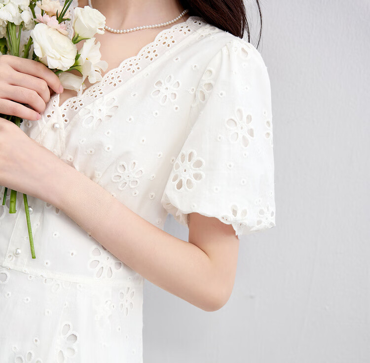Sentubila Pure Cotton Lace V-Neck Lantern Sleeve White Dress for Women, Summer Elegant Pearl Button Embroidered A-Line Slimming Mid-Length Dress 8