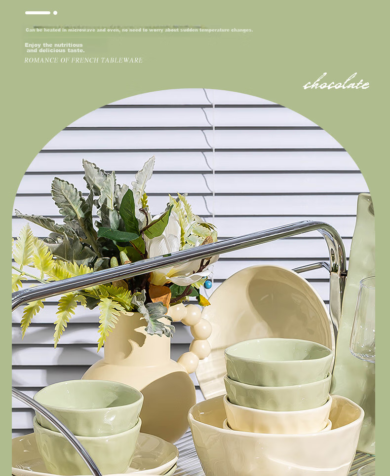 KANGMO New Home Cream Style Ceramic Dinnerware Set, Moving Gift, 26-Piece Yellow And Green Tableware Set 9
