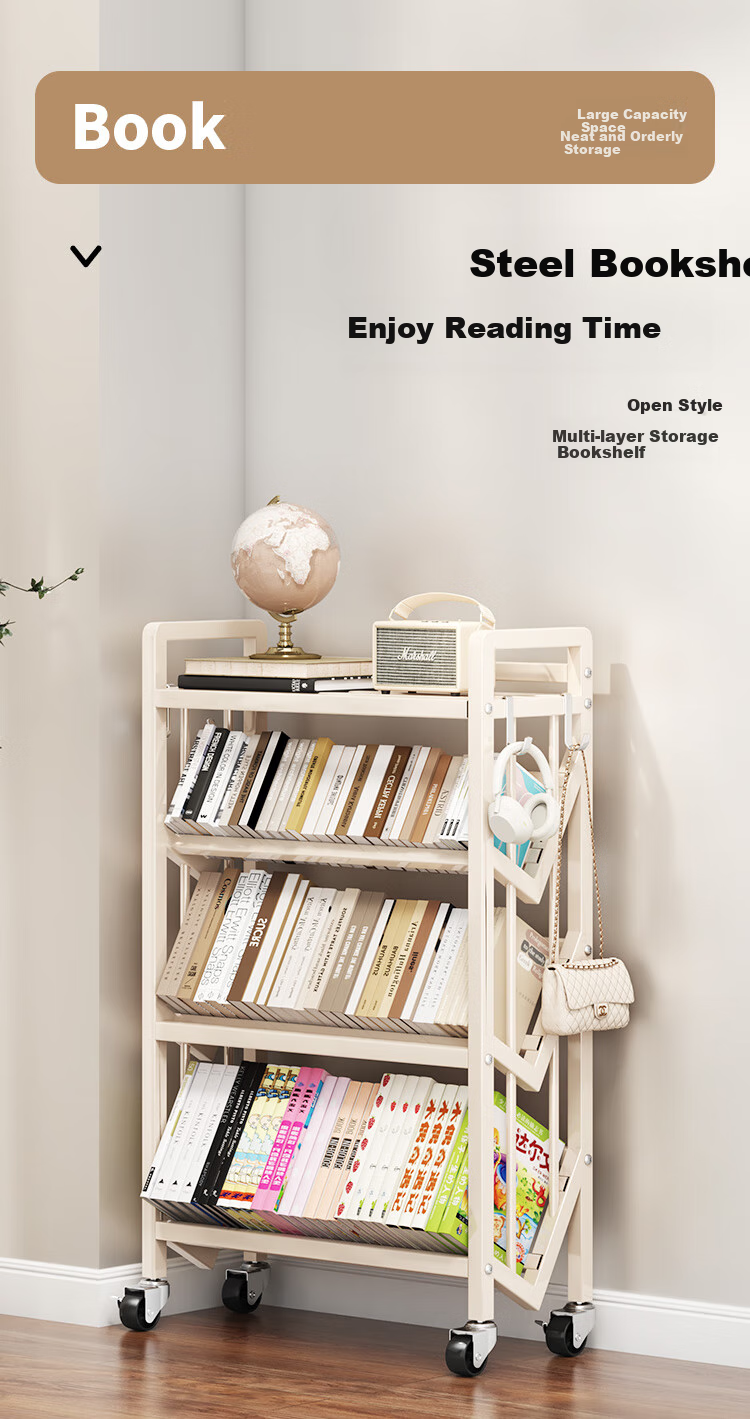 Leshengtu Mobile Bookshelf with Wheels, Small Storage Rack, Steel Book Organizer Shelf, Black, 4-Tier, LB44 2
