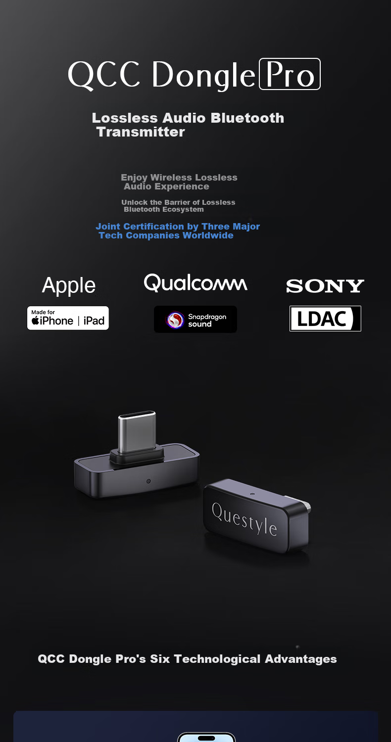 Questyle QCCDonglePro Lossless LDAC Bluetooth Transmitter HiFi Wireless Bluetooth Adapter MFI Compatible with Apple Phones PS5 Computers Switch 2