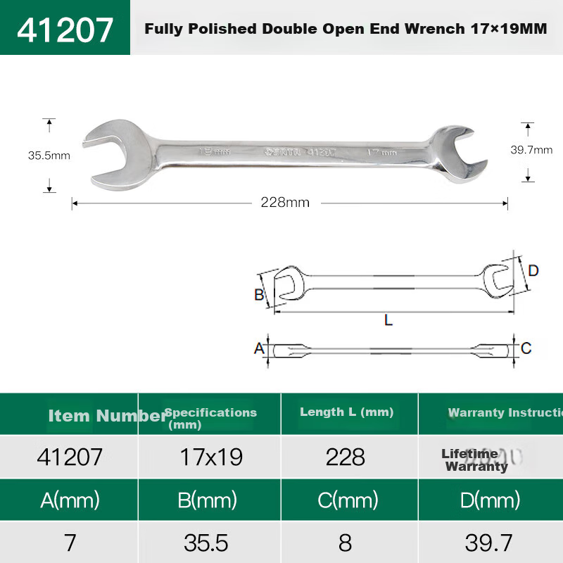 SATA Fully Polished Double Open-End Wrench, 17x19MM, 41207