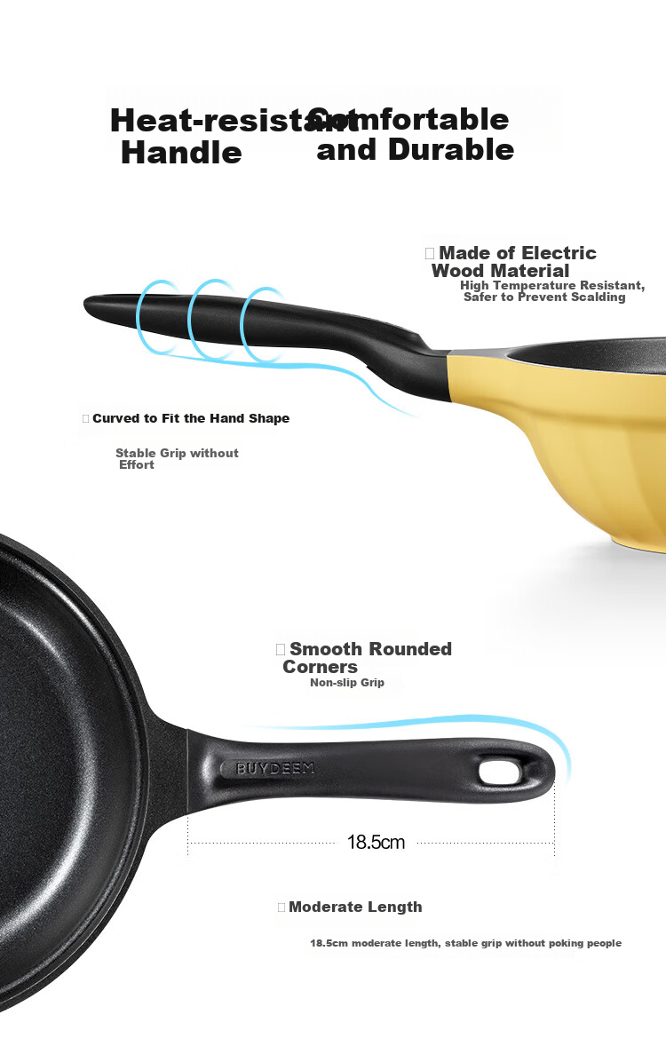 Buydeem 30cm Non-Stick Wok, Frying Pan, Flat Bottom Pan, Stir-Fry Pan, Light Smoke Oil-Gathering Small Yellow Pan, Compatible with Induction And Gas Stoves 10