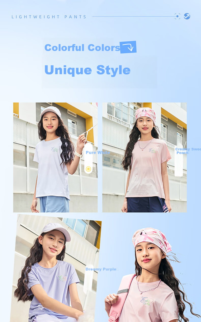 ERKE Girls' Round Neck Knit Short-Sleeve T-Shirt for Older Children, Summer Campus Youth Style, Cream Sweet Peach Color, Size 130 2