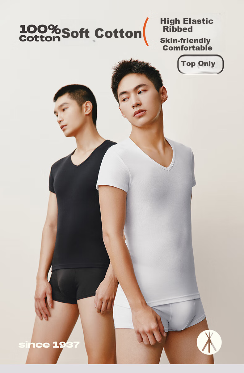 THREEGUN V-Neck T-Shirt for Men [7A Original Yarn Antibacterial], Pure Cotton Ribbed Elastic Versatile Short-Sleeve Basic Undershirt (2-Pack) 1
