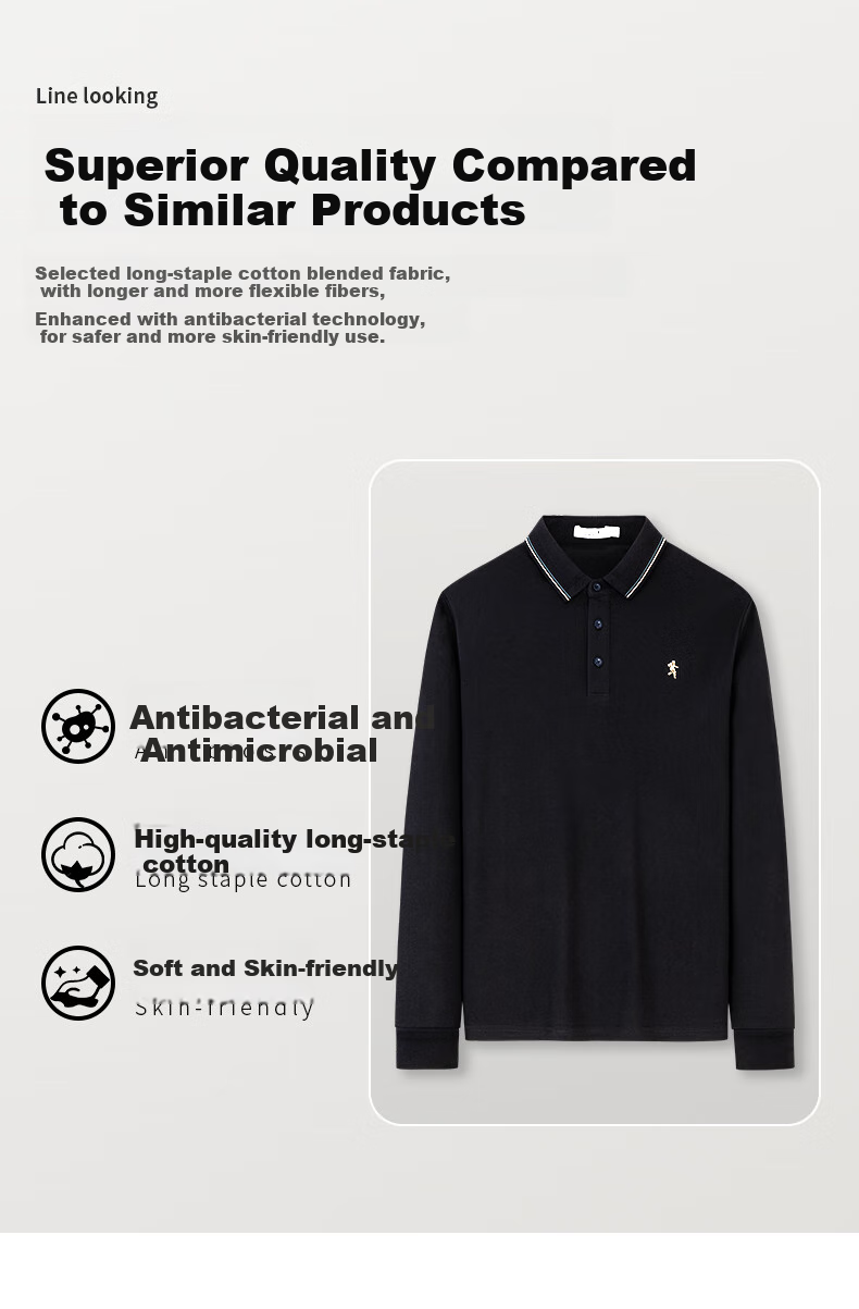 DANCING WOLVES [5A Antibacterial] Business Commute Fashionable Exquisite Embroidered Men's Long-Sleeve Polo Shirt, 102 Dark Blue, Size 170 5
