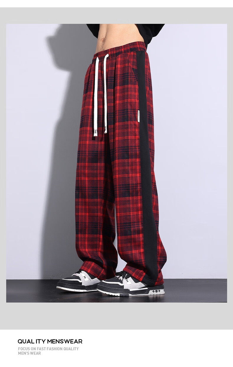 IZEXX Men's Plaid Pants, Summer American Straight Wide-Leg Loose Versatile Casual Pants, Sporty Retro Style ZL27 Gray L 10