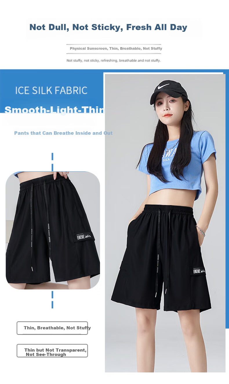 XUEXIMAN Women's Sports Shorts, Summer Lightweight Loose Straight-Leg Cargo Shorts, High-Waist Quick-Dry Wide-Leg Black Mid-Length Shorts 7