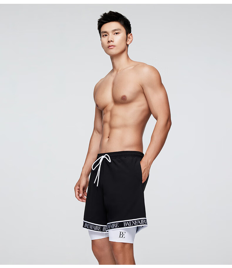 BALNEAIRE Men's Swim Shorts, Quick-Drying Hot Spring Pants, Fashionable Double-Layer Casual Sports Beach Shorts, 50435 Cool Black And White, Size L 7