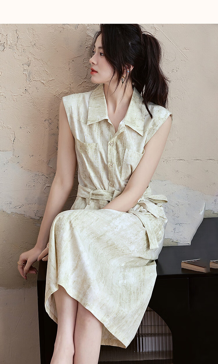 Dme [Zhi Gan Gongzhuang] Summer Faux Bamboo Joint Linen Two-Tone Gradient Lapel Straight-Fit Slimming Women's Dress 9