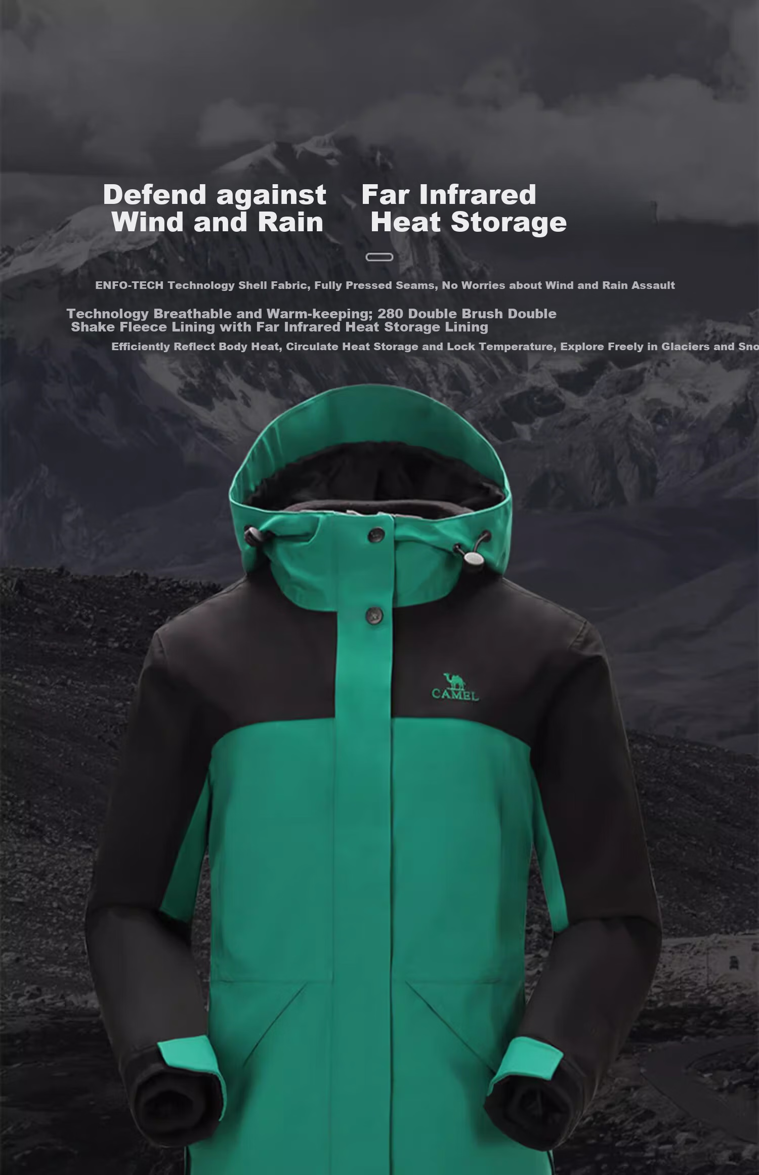 CAMEL Outdoor Cold-Resistant Jacket, Three-In Fleece Warm Mountaineering Suit, 7A12260001, Oatmeal Gray/phantom Black 2