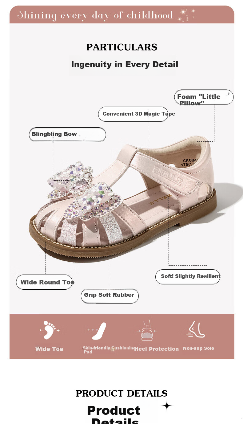 Belle Children's Shoes, Girls' Closed-Toe Sandals, Summer Kids' Crystal Princess Shoes, Baby Soft-Soled Walking Shoes, Pink, Size 30 2