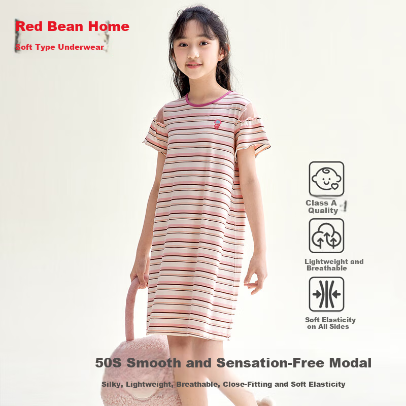 Hodohome [Same As in Mall] Girls' Modal Cooling Short-Sleeve Pajama Dress Air Conditioning Wear 312, Size 140