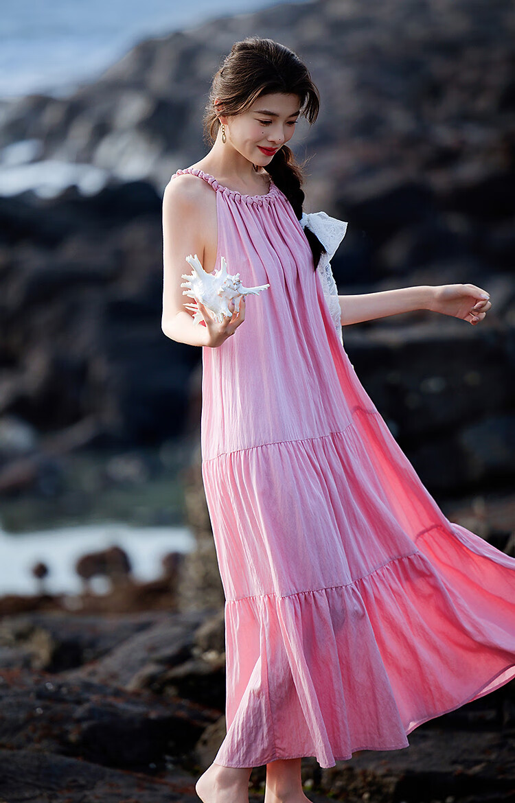 Demana [Neck-Tie Halter] Summer Elegant Vacation Style Handmade Gathered Collar Off-Shoulder A-Line Waistless Women's Dress 23