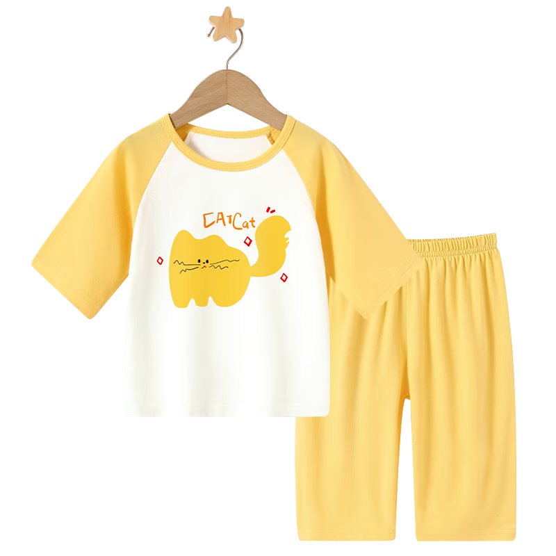 Badi Badi Pure Cotton Baby Toddler Children's Mid Sleeve Homewear Set Short Sleeve Shorts Pajama Set Air Conditioning Clothes Yellow 100