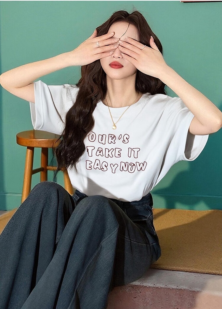 TonLion 2025 Summer Women's Front Chest Print Round Neck Short-Sleeve T-Shirt, Off-White, M 1