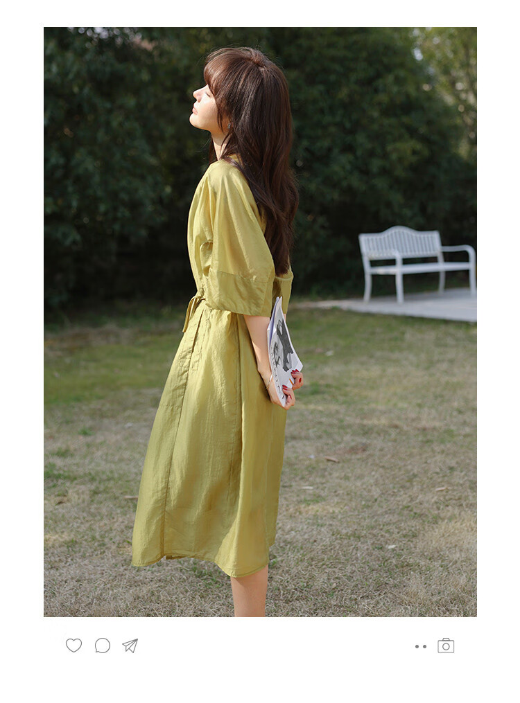 MT Minimalist Bright Color Summer Lightweight Tie-Waist Round Neck 5-Sleeve Long Dress 3