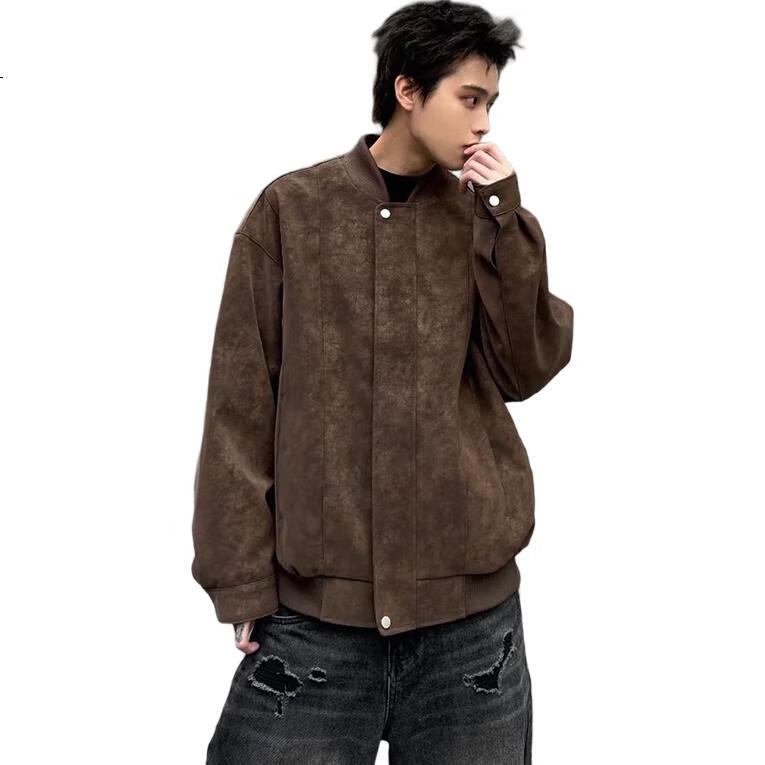 Foss Phil American Leather Jacket for Men, Autumn And Winter Trendy Workwear Baseball Coat, Loose Casual Outerwear FPJK6 Brown L