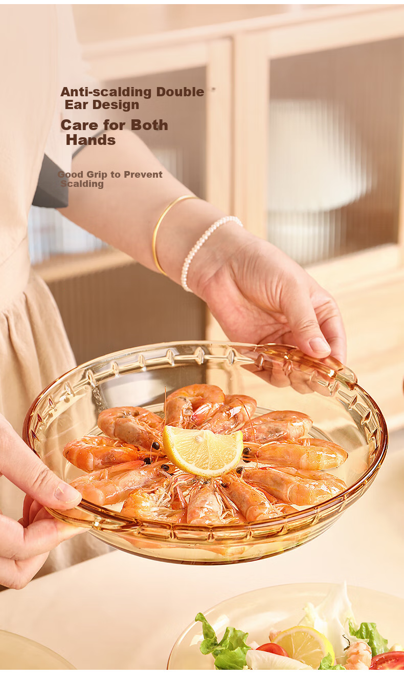 CRISTALGLASS Double-Handled Heat-Resistant Glass Plate Steamed Egg Dish, Sauce Scoop, Small Seafood Plate, Microwave-Safe Pizza Baking Tray for Home Use 6