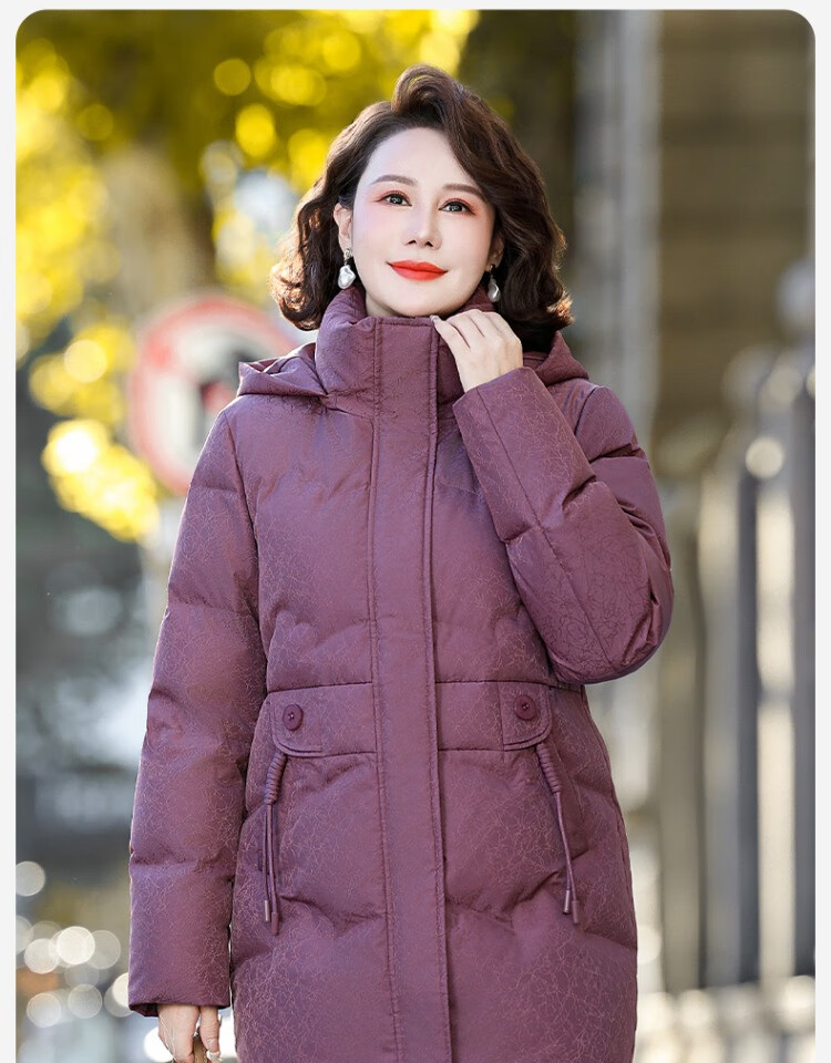 SNOWFLYING Women's Down Jacket 2025 Mid-Length Loose Warm Coat for Moms, Bean Paste Color, Size L 3