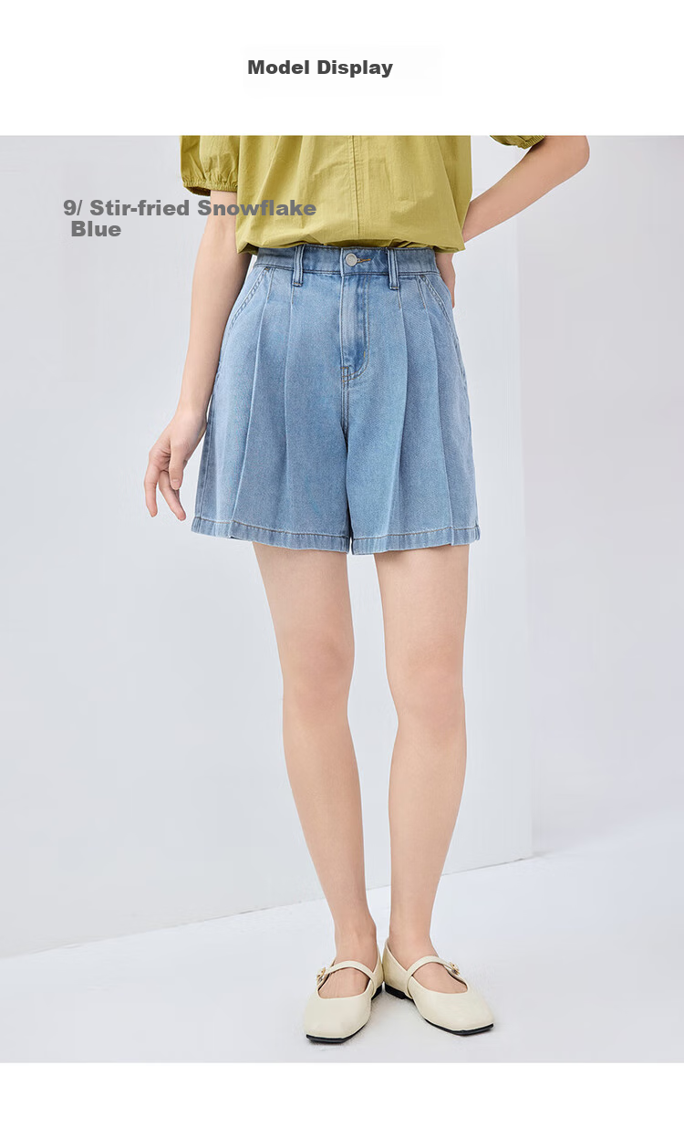 Giordano Women's Denim Shorts with High-Tech Cooling Pleated Fabric, Semi-Elastic Waistband, Lightweight Denim Pants 13405239 10
