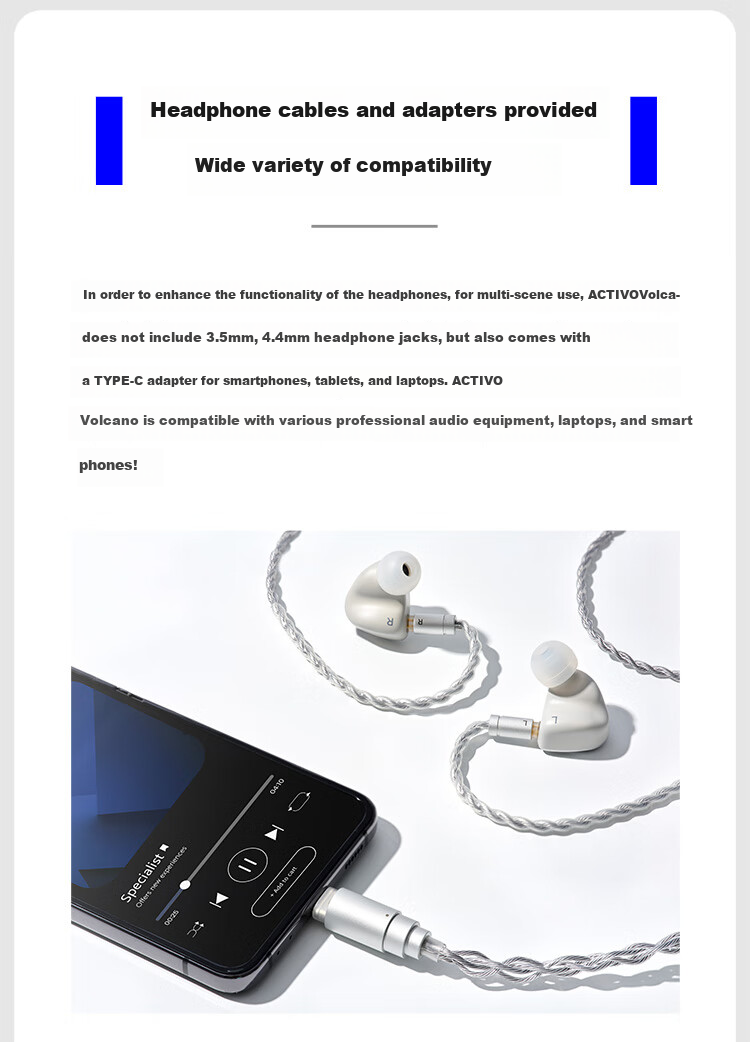 Iriver ACTIVO VOLCANO, Triple-Drive In-Ear HiFi Headphones, 4.4 Balanced, Type-C Plug, Silver, Gift 7