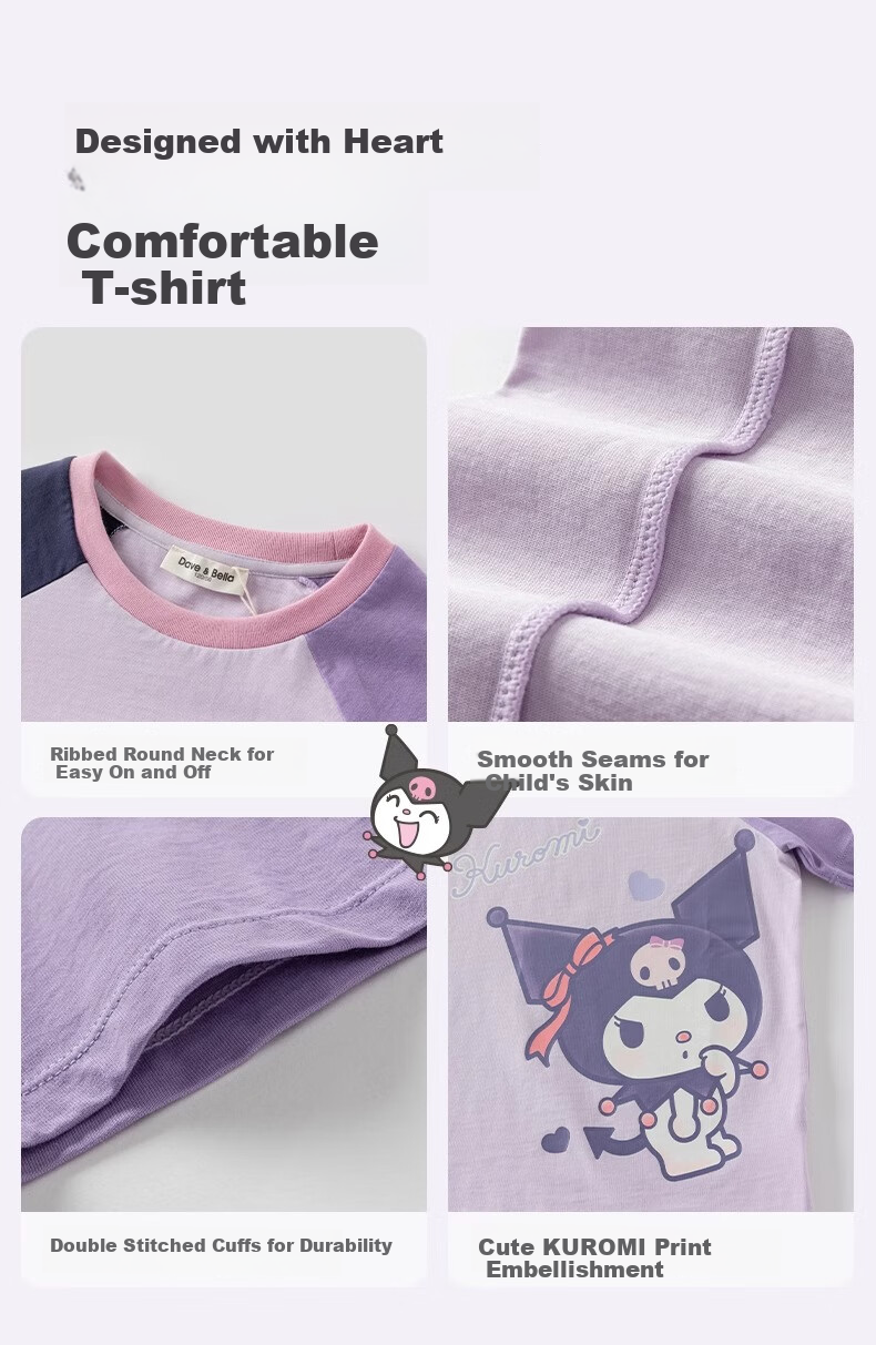 DAVE & BELLA Kuromi Girls' Short-Sleeve T-Shirt, Summer Children's Cotton Purple Top, Kids' Clothing 8