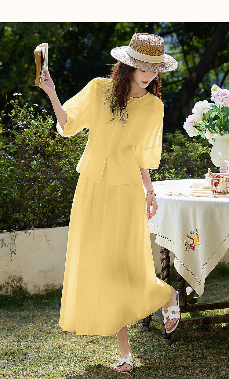 Demana Women's Artist Set Summer High-Quality Pure Cotton Puff Sleeve Top A-Line Slit Skirt Two-Piece Set 6