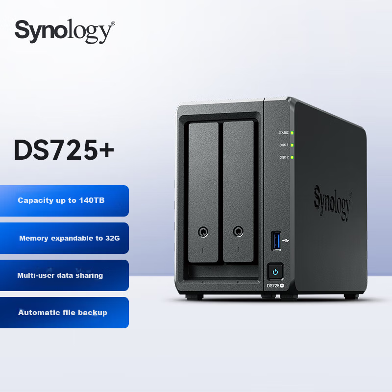 Synology DS725+ Dual-Core 2-Bay NAS Network Storage Server Team Private Cloud File Storage Sharing Data Management File Backup