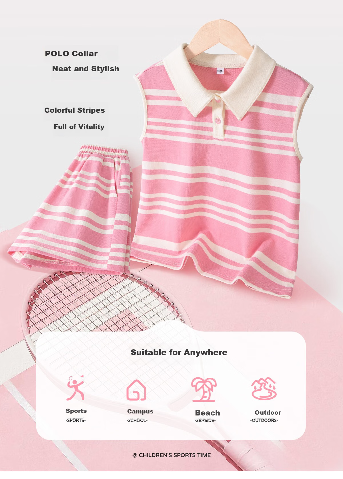 TonLion Girls' Summer Outfit Set, Lightweight POLO Sleeveless Vest, Girls' Shorts Set, Summer Sports Pants Skirt, No Exposed Ski 10