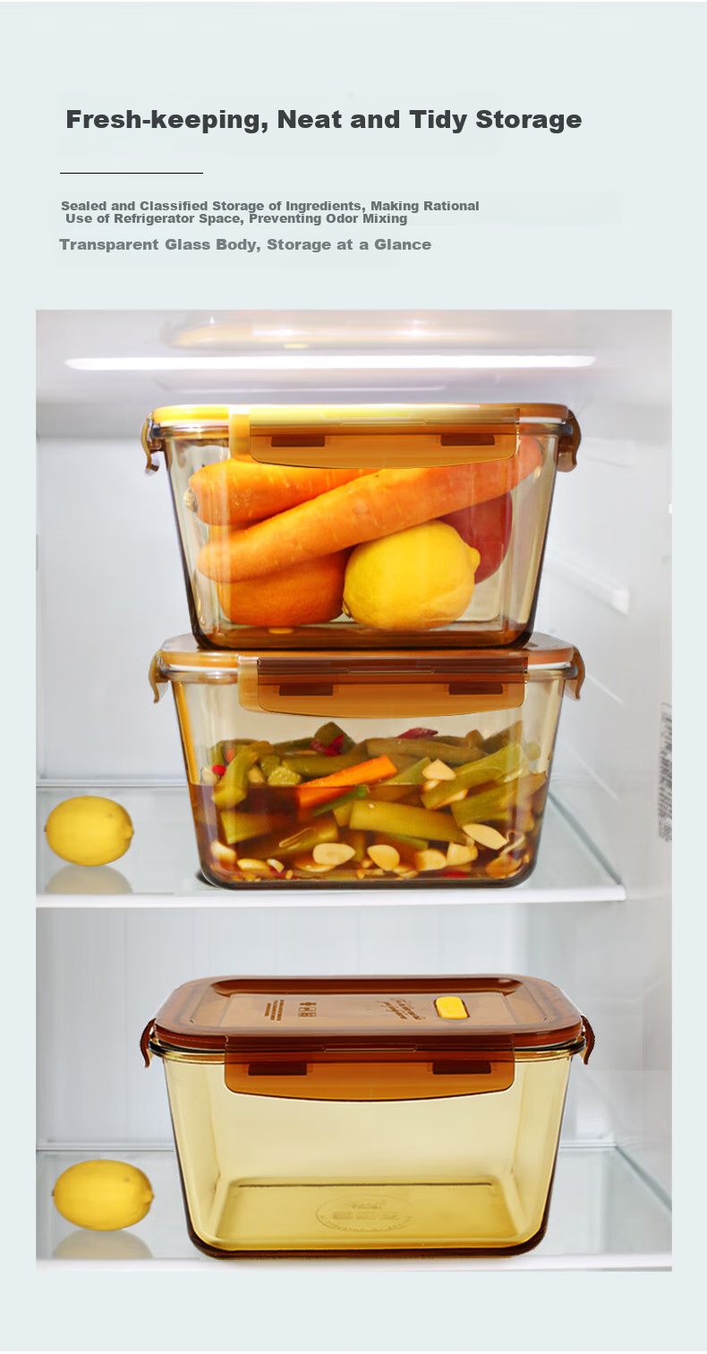 Chuangde Heat-Resistant Glass Food Storage Container, Microwave-Safe Lunch Box, Refrigerator Organizer for Pickled Peppers, Kimchi, And Pickles, Sealed Jar, Amber Color, 1.8L 6