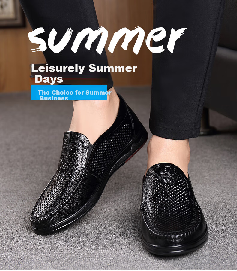 MEXICAN Business Casual Top-Grain Leather Shoes, Men's Formal Shoes, Hollow Breathable Slip-On Loafers, Large Size Shoes, Black, Size 41 2