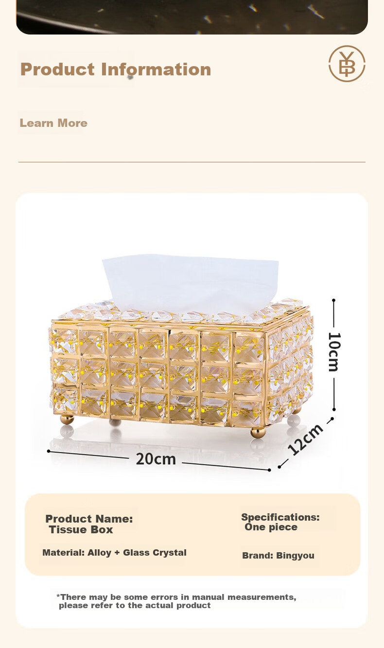 Bingyou Crystal Glass Tissue Box, Paper Towel Holder, Luxury European Style, Living Room Coffee Table, Alloy Material 8