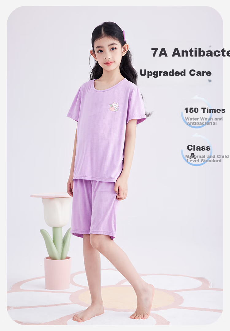 DEESHA [7A Antibacterial Comfort] Children's Pajama Set, Air Conditioning Wear, Spring And Autumn Girls' Cooling Short-Sleeve Loungewear for Older Kids 8