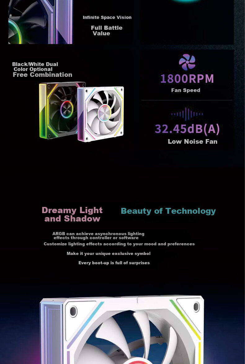 PowerTrain Prism 8RS Building Block Fan, 12CM Light Synchronization ARGB Case, Desktop Computer Cooling Fan, Infinite Mirror Light Effect, Single Pack, Black, Zhengye 3