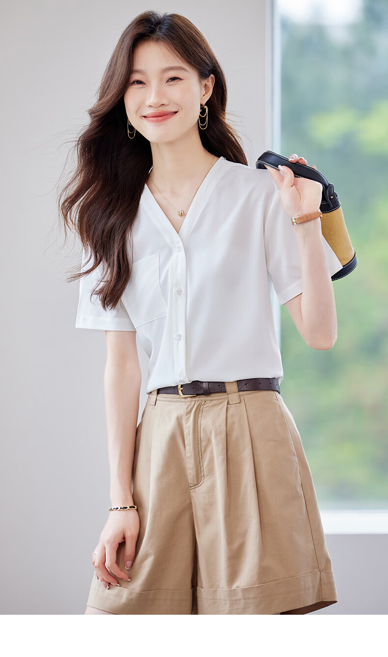 Jeanswest Women's Summer Casual Short Sleeve V-Neck Pocket Versatile Fashion Formal Shirt White L 8