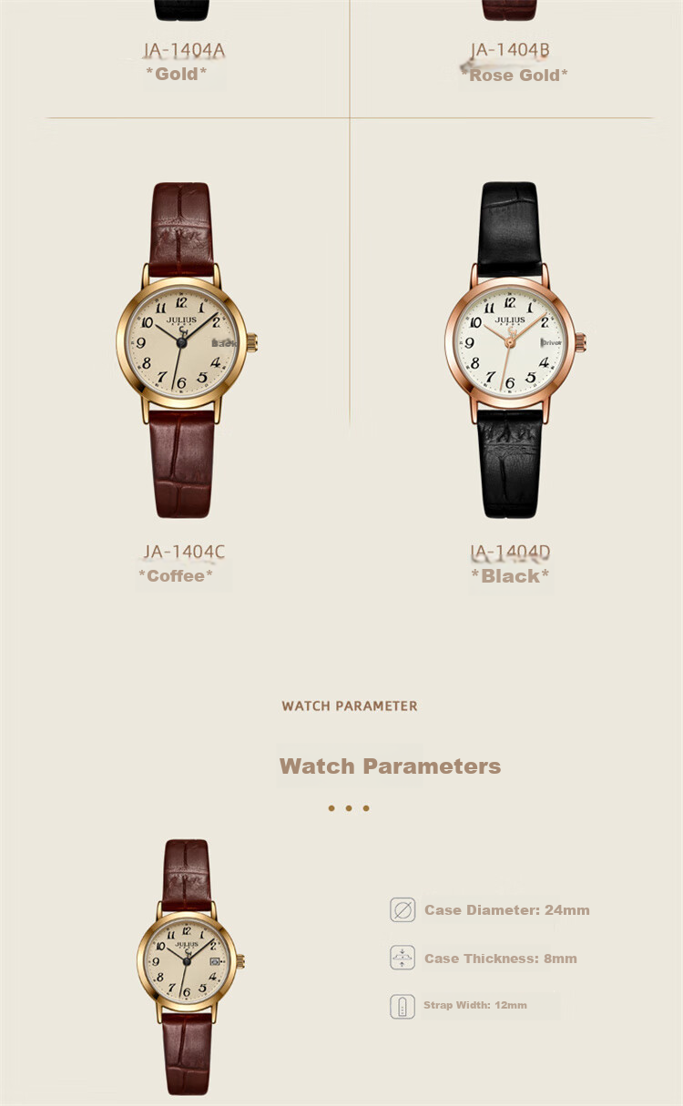 Julius Women's Watch Gift Box, Vintage Calendar, Student Commuter Waterproof Quartz Ladies Watch with Brown Strap And Gold Dial MGSL-1404B 8