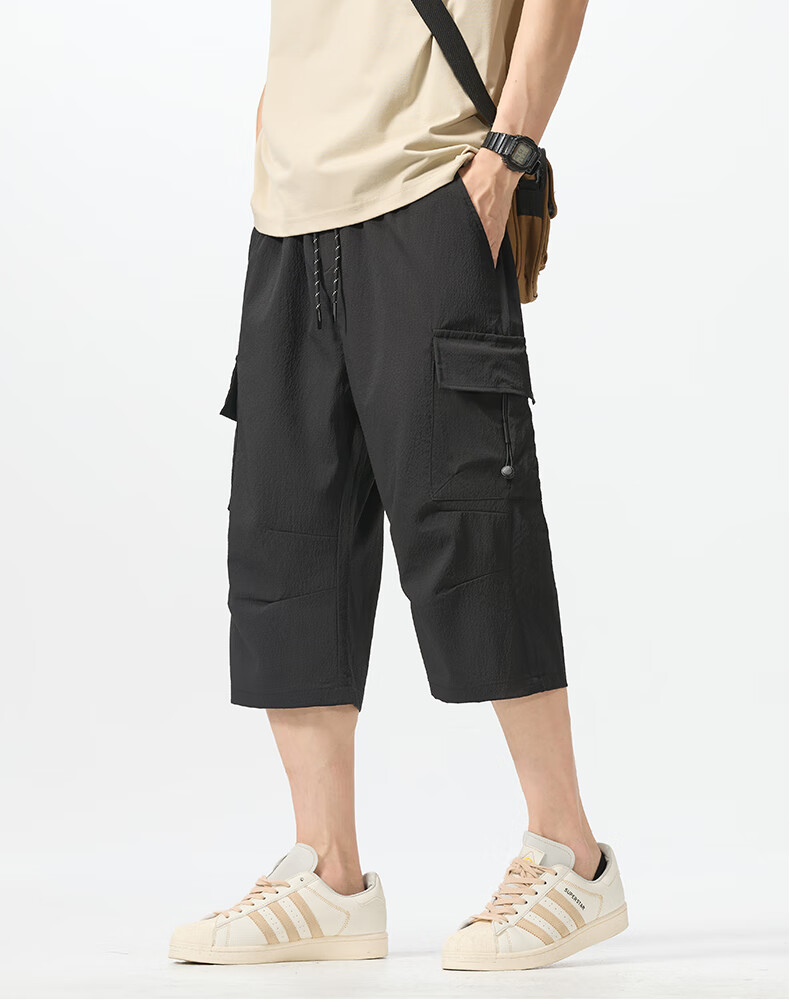 :CHOCOOLATE Men's Cargo Shorts, Trendy Loose-Fit Sports Pants, Summer Ice Silk Casual Shorts for Men, Black, 4XL 3