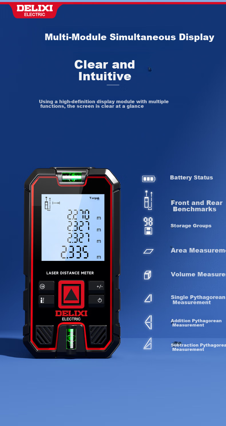 DELIXI ELECTRIC Laser Distance Meter Handheld High-Precision Electronic Ruler Infrared Outdoor Home Measuring Device with Dual Horizontal Bubbles, 100-Meter Range 9