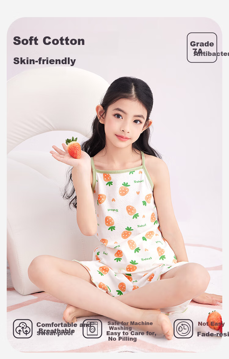 DEESHA [7A Antibacterial, Comfortable And Soft] Children's Pajama Set for Spring And Autumn, Girls' Camisole Sleepwear Loungewear 1
