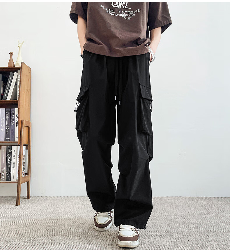 Homlean American-Style Wide-Leg Cargo Pants for Men, Summer Straight Loose Paratrooper Functional Tactical Casual Trousers KMX06 Black L 20