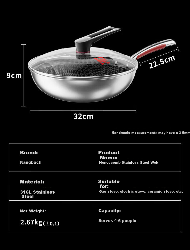 Kobach Wok, 316L Stainless Steel Frying Pan, Low Smoke, Non-Stick, Suitable for Home Use, Compatible with Induction Cooker And Gas Stove, 32cm 3
