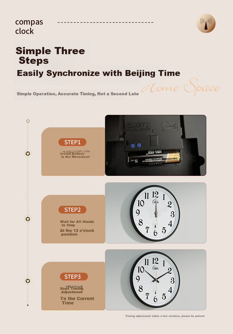 Compas Radio-Controlled Clock Automatic Time Synchronization, Quiet Wall Clock for Living Room, Exam Room Timepiece Wall-Mounted, 2734 Coffee Color 33cm 5